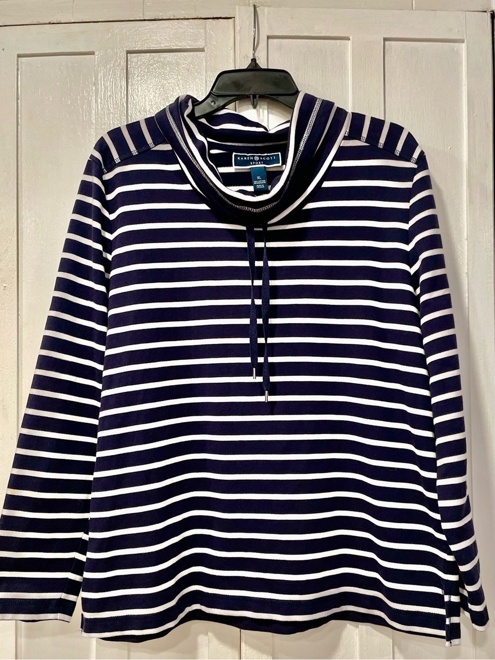 Karen Scott Sport Nautical Dark Navy Stripe Cowl Neck Pullover Size XL